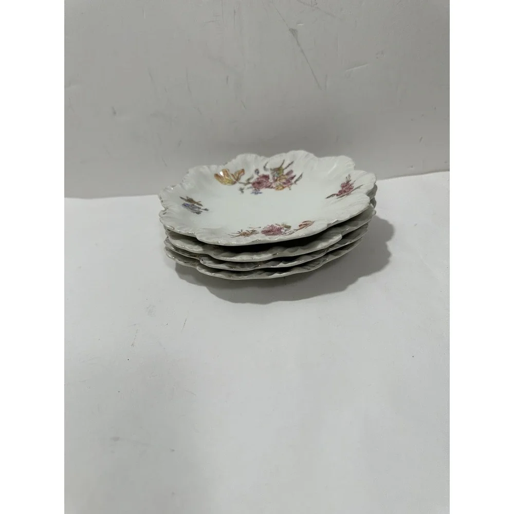 LIMOGES France Set 4 Salad/Dessert Plates Pink Flowers Scalloped Rim 6.5
